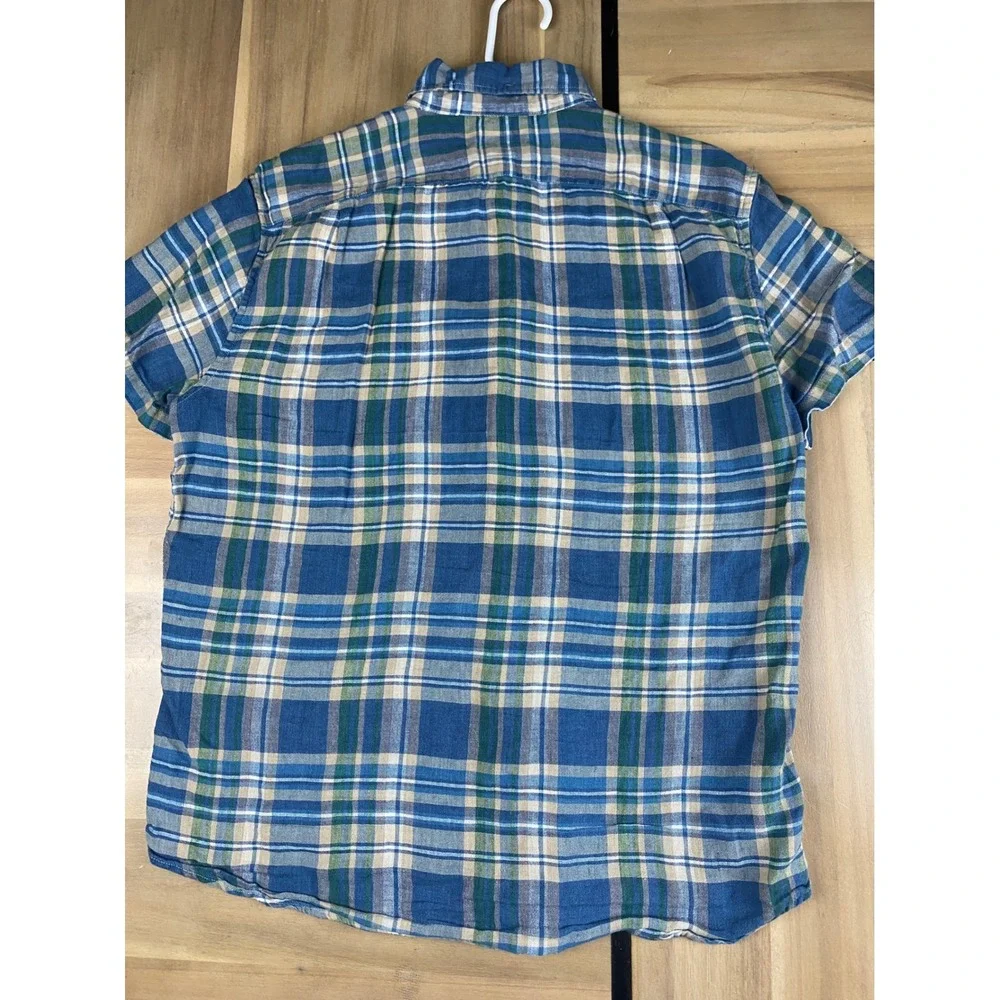 J.Crew Men's Blue Plaid Linen‎ Cotton Shirt Slim Fit Size L Short Sleeve